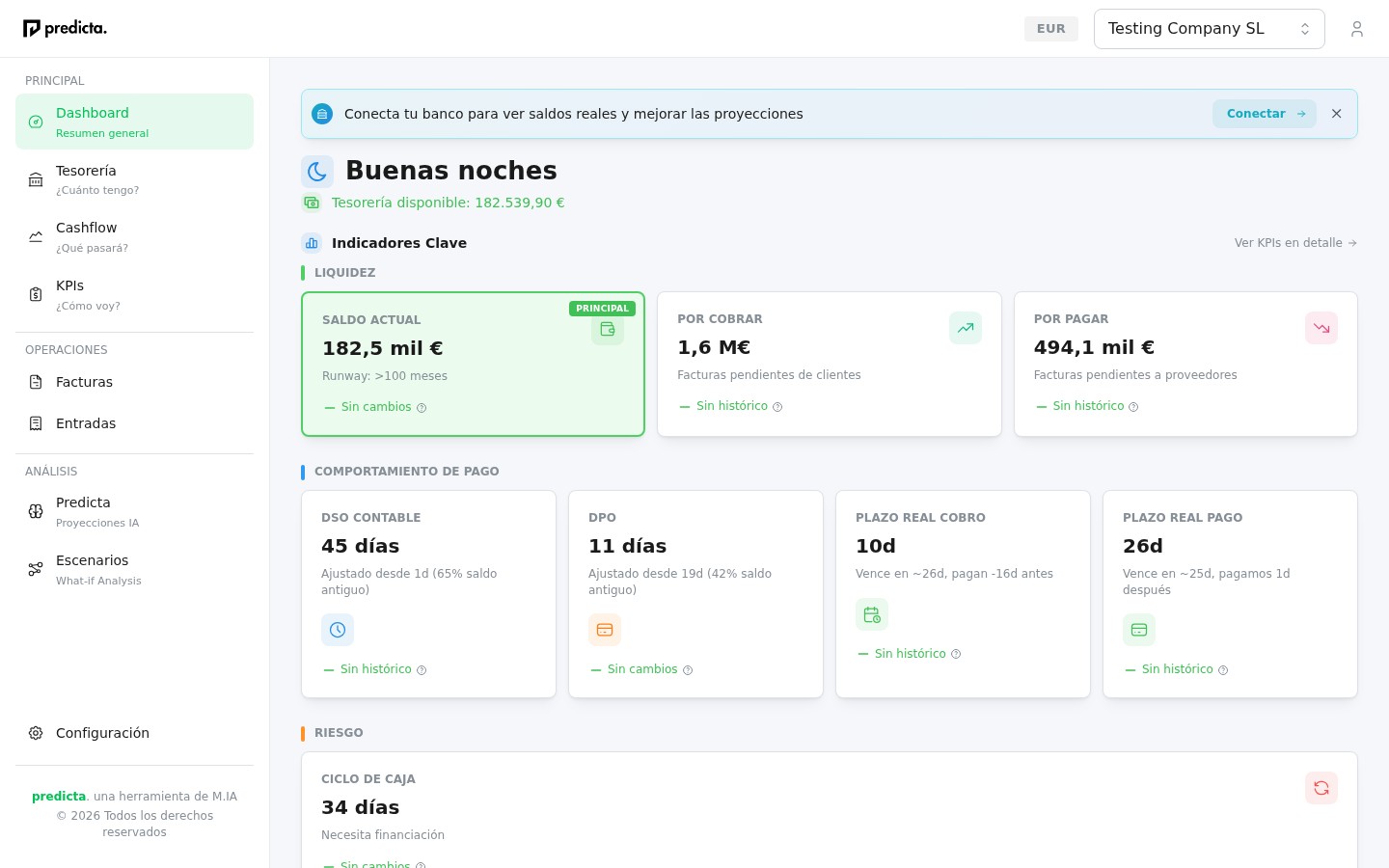 Dashboard de Predicta mostrando proyeccion de tesoreria a 13 semanas