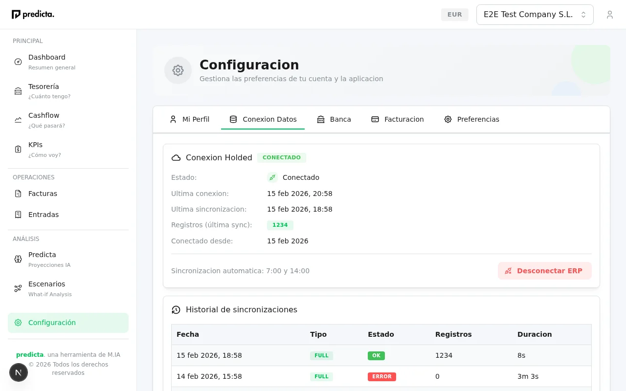 Configuracion de conexion con Holded ERP mostrando estado conectado e historial de sincronizaciones