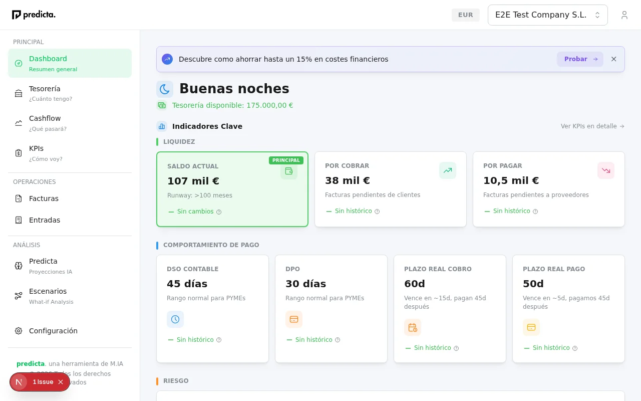 Dashboard con KPIs financieros: saldo actual, DSO, DPO, plazo real de cobro y pago